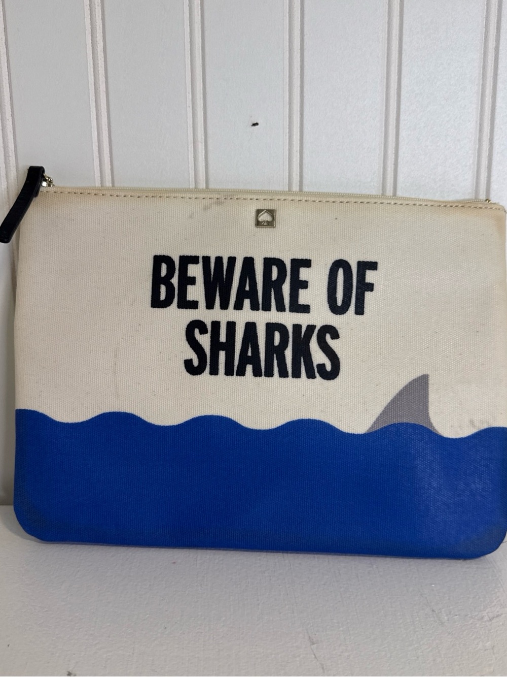 Kate Spade “Beware of Sharks” Canvas Zip Pouch / Clutch Blue White Shark Print